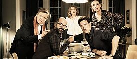 Justus von Dohnányi, Christoph Maria Herbst, Caroline Peters, Florian David Fitz, Janina Uhse (v.l.n.r.) in "Der Vorname" (2018)
